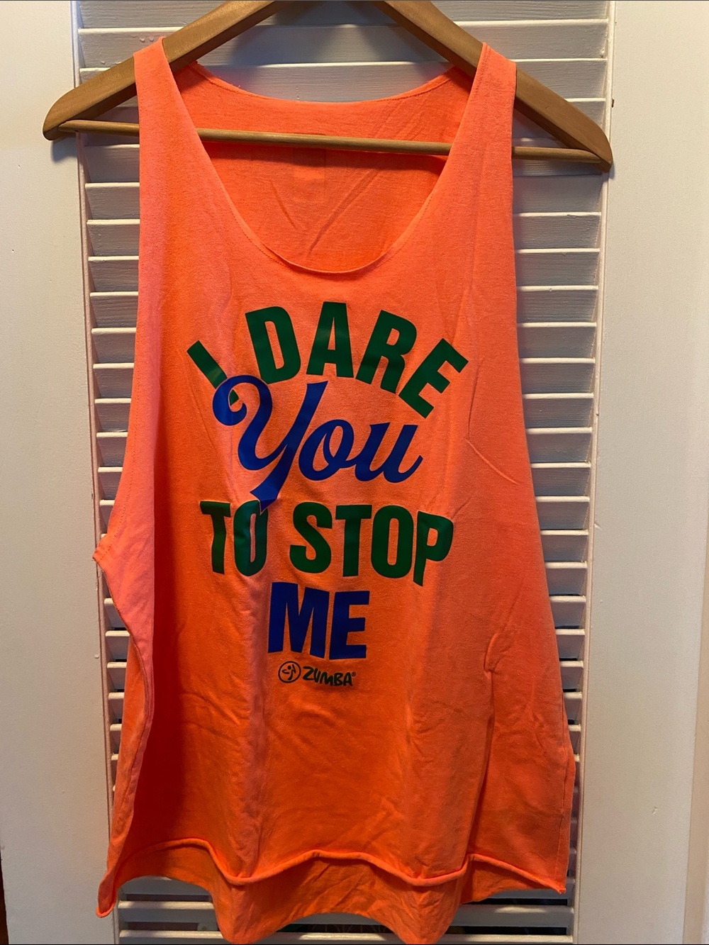 Zumba Fitness Neon Coral Tank with Bold Green and Blue Slogan